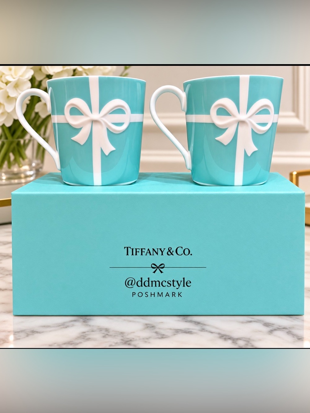 Tiffany & Co. Blue Porcelain Mug Set with White Bow Motif and Presentation Box